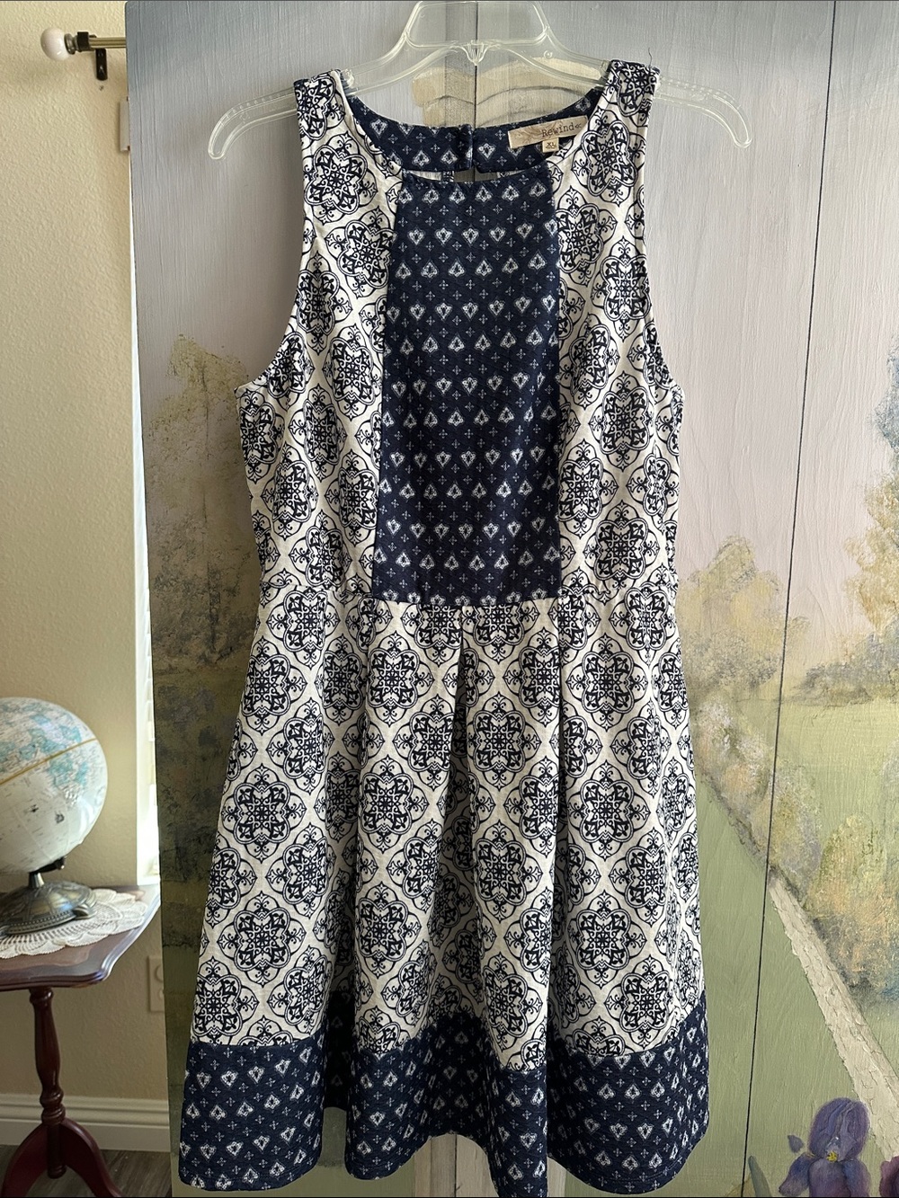 Rewind Navy & White Patterned Junior Sleeveless Dress
